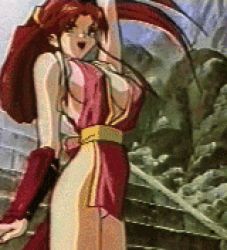 1990s_(style) 1girl angry animated animated_gif arm_up armpits bare_shoulders blush bouncing_breasts breasts breasts_apart bridal_gauntlets brown_hair center_opening covered_erect_nipples fatal_fury hair_ribbon hand_on_own_hip japanese_clothes large_breasts long_hair lowres ninja no_bra oobari_masami open_mouth outdoors outstretched_arm panties pantyshot ponytail retro_artstyle ribbon rock sash shiranui_mai sideboob sidelocks snk solo stairs standing the_king_of_fighters underwear very_long_hair white_panties wind wind_lift rating:Questionable score:62 user:danbooru