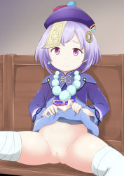  1girl bead_necklace beads bottomless censored coin_hair_ornament dress earrings genshin_impact hair_ornament hat highres indoors jewelry jiangshi loli long_sleeves looking_at_viewer necklace presenting purple_dress purple_hair purple_hat pussy qingdai_guanmao qiqi_(genshin_impact) solo terasaki08 thighhighs white_thighhighs wide_sleeves  rating:Explicit score:85 user:danbooru