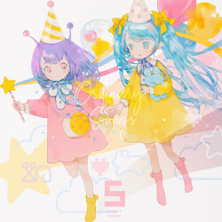  2girls album_cover animal_bag ankle_socks antennae bag balloon blue_eyes blue_hair blue_nails blue_ribbon bow bubble buttons child circle_name cloud collar collared_dress commentary confetti cover dress english_commentary english_text eyelashes fingernails full_body hair_bow hat heart highres holding holding_hands holding_stuffed_toy holding_wand jewelry leg_up light_blush long_hair long_sleeves looking_at_another multiple_girls nail_polish neck_ribbon open_mouth party_hat pechika pink_dress pink_sleeves pink_socks pixel_heart polka_dot_headwear pom_pom_(clothes) puffy_long_sleeves puffy_sleeves purple_hair purple_ribbon ribbon ring second-party_source short_dress shoulder_bag snail snail_shell snailchan snails_house socks star_wand streamers striped_clothes striped_headwear stuffed_animal stuffed_rabbit stuffed_toy twintails very_long_hair wand white_background white_collar white_headwear yellow_bag yellow_bow yellow_dress yellow_sleeves yellow_socks 
