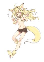  1boy afuro_terumi ahoge animal_ears bell blonde_hair collar fox_ears fox_tail inazuma_eleven inazuma_eleven_(series) long_hair male_focus navel neck_bell nipples open_mouth powd red_eyes shorts simple_background solo tail trap white_background  rating:Sensitive score:38 user:BlueBaroness