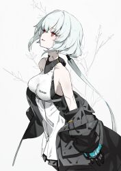  1girl android black_jacket breasts chest_belt dress highres jacket long_hair long_sleeves low_ponytail mecha medium_breasts neco noir_(synduality) off_shoulder open_clothes open_jacket red_eyes robot science_fiction shirt sleeveless sleeveless_dress solo synduality white_hair 