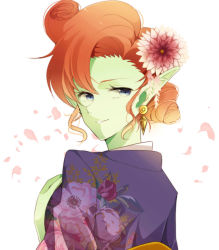  1girl alternate_hairstyle blue_eyes cherry_blossoms colored_skin curly_hair dragon_ball dragonball_z earrings floral_print flower green_skin hair_flower hair_ornament hair_up highres japanese_clothes jewelry kimono looking_at_viewer looking_back orange_hair petals pointy_ears shitora_(bernkastel) solo zangya 