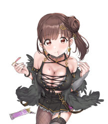  1girl arm_strap asymmetrical_legwear bad_id bad_pixiv_id bare_shoulders black_bustier black_skirt breasts brown_eyes brown_hair bustier choker cleavage earrings fishnet_pantyhose fishnets food food_on_body food_on_face fur_shawl garter_straps hair_bun hair_ornament hairclip halterneck hamedoragon heart heart_earrings highres holding holding_food holding_pocky idolmaster idolmaster_shiny_colors jewelry large_breasts looking_at_viewer miniskirt pantyhose pleated_skirt pocky shawl side_ponytail simple_background single_hair_bun single_thighhigh sitting skirt solo sonoda_chiyoko thighhighs white_background 