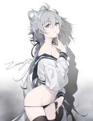  1girl absurdres ahoge artist_name bare_shoulders black_panties black_ribbon black_sailor_collar black_thighhighs butterfly_hair_ornament cowboy_shot finger_to_mouth from_side gradient_background grey_eyes grey_hair groin hair_between_eyes hair_ornament hair_ribbon hair_rings highres long_hair long_sleeves looking_at_viewer luo_tianyi navel off_shoulder panties parted_lips puffy_long_sleeves puffy_sleeves ribbon sailor_collar sailor_shirt shadow shirt signature silhouette string_panties thighhighs underwear very_long_hair vocaloid vsinger zoooyt  rating:Sensitive score:5 user:danbooru