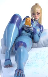 1girl absurdres blonde_hair blue_bodysuit blue_eyes blue_nails bodypaint bodysuit breasts cellphone cushion eyebrows highres holding holding_phone large_breasts legs long_hair lying metroid mirror mole mole_under_mouth nail_polish naked_paint nintendo nose nude painted_clothes phone ponytail popogori realistic reflection samus_aran selfie shiny_skin smartphone taking_picture thick_thighs thighs toenails toes wide_hips zero_suit rating:Sensitive score:110 user:danbooru
