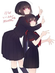  2girls :o ahoge black_hair black_sailor_collar black_serafuku black_shirt black_skirt black_socks blush closed_mouth dated good_twins_day hair_between_eyes index_finger_raised kneehighs kyara36 leaning_forward long_hair long_sleeves looking_at_viewer looking_to_the_side multiple_girls neckerchief original parted_lips pleated_skirt red_eyes red_neckerchief sailor_collar school_uniform serafuku shirt short_sleeves siblings simple_background sisters skirt smile socks standing translation_request twins twitter_username very_long_hair white_background 