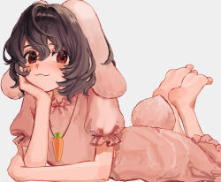  1girl :3 animal_ears b_nosk101 black_hair blush carrot_necklace commentary dress feet_up hair_between_eyes hand_on_own_cheek hand_on_own_face head_rest highres inaba_tewi jewelry looking_at_viewer lop_rabbit_ears lying necklace on_stomach pink_dress puffy_short_sleeves puffy_sleeves rabbit_ears rabbit_tail red_eyes short_sleeves simple_background solo tail the_pose touhou white_background  rating:General score:12 user:danbooru
