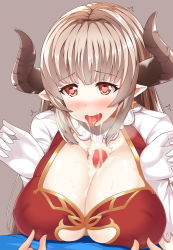 10s 1boy 1girl alicia_(granblue_fantasy) blush breasts brown_hair cleavage cleavage_cutout clothing_cutout covered_erect_nipples cow_girl cow_horns cross cum cum_in_mouth cum_on_body cum_on_breasts cum_on_upper_body dress earrings gloves gran_(granblue_fantasy) granblue_fantasy happy heart heart-shaped_pupils hetero horns huge_breasts jewelry large_breasts long_hair mature_female nipple_stimulation nipple_tweak oga_raito open_mouth paizuri paizuri_under_clothes penis pointy_ears red_eyes silver_hair simple_background solo_focus symbol-shaped_pupils tongue tongue_out uncensored white_gloves rating:Explicit score:40 user:StanislavPetrov