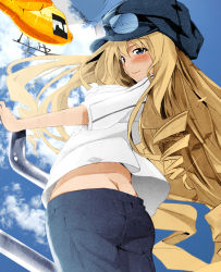  10s aircraft alternate_costume ass blonde_hair blue_eyes blush breasts butt_crack cecilia_alcott cloud denim drill_hair hat helicopter infinite_stratos jeans large_breasts long_hair pants seductive_smile shirt sideboob sky smile sunglasses wind  rating:Sensitive score:16 user:tactical_loli