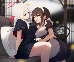 2girls alternate_costume angel_girl_(shimmer) apron artist_name black-haired_demon_girl_(shimmer) black_capelet black_dress blue_eyes blurry blurry_background breasts brown_hair capelet couch demon_girl demon_tail depth_of_field dress enmaided frilled_apron frills hair_between_eyes halo highres indoors long_hair maid maid_headdress medium_breasts multiple_girls on_couch open_mouth original parted_lips pillow puffy_short_sleeves puffy_sleeves red_eyes shimmer short_sleeves signature sitting tail very_long_hair white_apron white_hair yuri rating:Sensitive score:12 user:danbooru