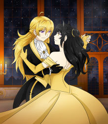  2girls ahoge alternate_costume animal_ears automail back bare_back bare_shoulders beast_(disney) beast_(disney)_(cosplay) beauty_and_the_beast belle_(disney) belle_(disney)_(cosplay) black_gloves black_hair blake_belladonna blonde_hair candle candlelight cat_ears cat_girl cosplay couple crossover dancing disney door dress elbow_gloves eye_contact eyeshadow female_focus formal gloves hair_between_eyes hair_bun half-closed_eyes half_updo highres holding_hands indoors long_hair looking_at_another makeup multiple_girls neck night night_sky off-shoulder_dress off_shoulder parody prosthesis prosthetic_arm purple_eyes rwby single_glove single_hair_bun sky standing style_parody suit window yang_xiao_long yaya_(y8ay8a) yellow_dress yellow_eyes yellow_gloves yuri  rating:Questionable score:21 user:chained-prometheus