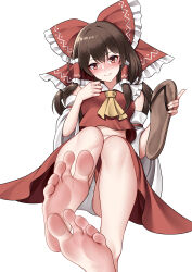  1girl absurdres ascot bare_legs barefoot black_hair blush bow breasts brown_footwear closed_mouth detached_sleeves feet foot_focus frilled_bow frilled_hair_tubes frilled_shirt_collar frills hair_bow hair_tubes hakurei_reimu hand_up highres holding holding_shoes long_hair looking_at_viewer midriff_peek oirin panties red_bow red_eyes red_skirt red_vest sandals shoes simple_background sitting skirt small_breasts soles solo stairs toes touhou underwear unworn_sandals unworn_shoes vest white_background white_panties white_sleeves wide_sleeves yellow_ascot 