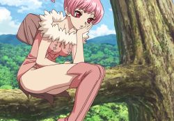  1boy boots dr._stone dress in_tree minidress momiji_homura pink_hair red_eyes screencap solo stitched thighs third-party_edit tree  rating:Sensitive score:31 user:Boopaloopa