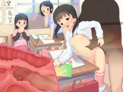 1boy 3girls absurdres age_difference anyannko bag bent_over blush bookbag bottomless censored classroom clothes_lift cross-section flat_chest highres loli multiple_girls panties panty_pull penis public_indecency school sex shirt_lift tears underwear upskirt uterus vaginal x-ray rating:Explicit score:333 user:huzzaman