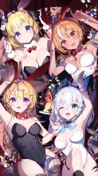  4girls absurdres ahoge animal_ear_fluff animal_ears arm_up armpits bakatare_(hololive) black_leotard black_thighhighs blonde_hair blue_neckerchief blush bow bowtie braid breasts card cleavage commentary_request detached_collar earrings fake_animal_ears fox_ears fox_girl fox_tail green_eyes hair_between_eyes highres hololive horns jewelry kio_is_here leg_up leotard long_hair looking_at_viewer medium_breasts multiple_girls neckerchief omaru_polka one_eye_closed open_mouth playboy_bunny playing_card pointy_ears purple_eyes rabbit_ears red_bow red_bowtie red_eyes sheep_ears sheep_girl sheep_horns shirakami_fubuki shiranui_flare sidelocks single_braid smile tail thigh_strap thighhighs tsunomaki_watame virtual_youtuber white_hair white_leotard wrist_cuffs 