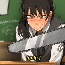  1girl absurdres belt_buckle black_hair black_vest blurry blurry_background blush buckle chainsaw chainsaw_man chalkboard flustered highres indoors khyle. long_hair nayuta_(chainsaw_man) nose_blush scar shirt solo sweat upper_body very_sweaty vest white_shirt yellow_eyes yoru_(chainsaw_man) 