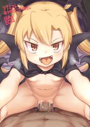  1boy 1girl :d assertive_female bat_wings black_cape blonde_hair blush breasts cape censored commission cowgirl_position cum cum_in_pussy dark-skinned_male dark_skin fangs girl_on_top heavy_breathing hetero jingai_modoki loli long_hair looking_at_viewer mon-musu_quest! mosaic_censoring naked_cape naughty_face navel nipples open_mouth penis pov pubic_hair pussy red_eyes sex skeb_commission small_breasts smile solo_focus straddling tongue tongue_out twintails v-shaped_eyebrows vaginal vampire vanilla_(mon-musu_quest!) wings  rating:Explicit score:588 user:danbooru