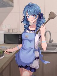 1girl :d ahoge alternate_costume black_ribbon blue_eyes blue_hair blush breasts collarbone cowboy_shot drill_hair frilled_shorts frills grey_shirt grey_shorts gwen_(league_of_legends) hair_ornament hair_ribbon hairclip hand_up highres holding holding_spatula indoors kitchen kureko0w0 league_of_legends low_twintails microwave open_mouth poppy_(league_of_legends) ribbon shirt short_sleeves shorts sink small_breasts smile solo spatula tile_wall tiles twin_drills twintails rating:General score:11 user:danbooru