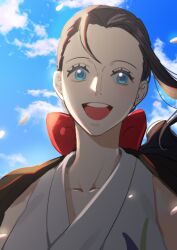  1girl black_hair blue_eyes close-up collarbone commentary eyelashes floating_hair jacket jacket_on_shoulders japanese_clothes kimono looking_to_the_side nico_robin one_piece petals ponytail raine_(acke2445) red_ribbon ribbon single_sidelock sky smile solo teeth upper_body upper_teeth_only white_kimono  rating:General score:9 user:danbooru