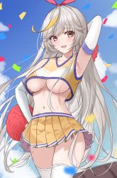 1girl :d absurdres arm_behind_head arm_up armpits blonde_hair blouse blue_sky blush breasts brown_eyes cheerleader collarbone confetti costone cowboy_shot crop_top day elbow_gloves empress_(last_origin) gloves grey_hair hair_ribbon hand_on_own_hip highres large_breasts last_origin long_hair looking_at_viewer miniskirt multicolored_hair navel open_mouth outdoors panties pink_panties pink_ribbon pleated_skirt pom_pom_(cheerleading) pom_pom_(clothes) ribbon shirt side-tie_panties skirt sky sleeveless smile solo stomach streaked_hair thighhighs two-tone_hair underboob underwear very_long_hair white_gloves white_thighhighs yellow_shirt rating:Questionable score:17 user:danbooru