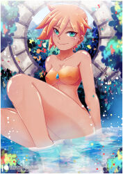  1girl artist_name asymmetrical_hair bandeau bare_legs bare_shoulders barefoot bikini blonde_hair blue_eyes blush breasts cleavage collarbone creatures_(company) feet female_focus game_freak gensox green_eyes gym_leader highres jewelry legs looking_at_viewer medium_breasts misty_(pokemon) navel nintendo orange_hair partially_submerged patreon_username pokemon pokemon_rgby ponytail pussy short_hair side_ponytail sitting smile soaking_feet solo strapless strapless_bikini strapless_one-piece_swimsuit swimsuit tan thick_thighs thighs water 