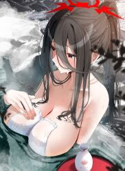  1girl black_hair blue_archive blush bottle breasts cleavage commentary floating_breasts from_above hair_between_eyes halo hand_on_own_chest hasumi_(blue_archive) highres large_breasts long_hair mole mole_under_eye naked_towel nidaime_(doronbo) onsen outdoors parted_lips partially_submerged ponytail red_eyes red_halo sake_bottle solo steam symbol-only_commentary towel trinity_general_school_logo water wet wet_hair white_towel 