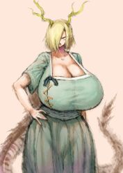  1girl 2b-ge annoyed breasts cleavage dragon_girl gigantic_breasts hand_on_own_hip highres horns huge_breasts kicchou_yachie looking_at_viewer solo tail touhou  rating:Sensitive score:24 user:selfhaterocks