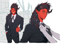  1girl 2found_2 ;d alternate_costume asymmetrical_hair baldur&#039;s_gate baldur&#039;s_gate_3 black_hair black_jacket black_necktie black_pants black_suit broken_horn collared_shirt colored_skin commentary_request contemporary cowboy_shot cropped_legs cropped_torso demon_girl demon_horns dungeons_&amp;_dragons fingernails formal grin hair_ornament hand_in_pocket horns jacket karlach korean_commentary long_fingernails looking_at_viewer medium_hair multicolored_hair multiple_views necktie one_eye_closed open_mouth pants pointy_ears red_hair red_skin shirt sidecut slit_pupils smile sparkle standing streaked_hair suit thumbs_up tiefling two-tone_hair tying_necktie undercut white_background white_shirt yellow_eyes  rating:General score:16 user:danbooru