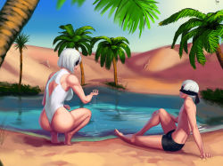 1boy 1girl adapted_costume aka6 ass back back_cutout bare_arms bare_legs bare_shoulders barefoot blindfold breasts bush butt_crack clothing_cutout commission covered_eyes curvy desert from_behind full_body hip_focus huge_ass large_breasts lips nier_(series) nier:automata oasis one-piece_swimsuit sand shiny_skin short_hair shorts silver_hair sitting squatting swimsuit thighs tiptoes toned tree water white_one-piece_swimsuit wide_hips 2b_(nier:automata) 9s_(nier:automata) rating:Sensitive score:79 user:danbooru