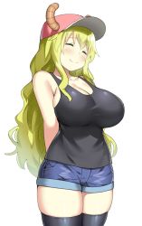  10s 1girl ^_^ arms_behind_back bare_shoulders black_thighhighs blonde_hair blue_shorts blush breasts cleavage closed_eyes closed_mouth collarbone cowboy_shot curvy hat highres horns huge_breasts kobayashi-san_chi_no_maidragon large_breasts legs_together long_hair lucoa_(maidragon) red_hat shorts sideboob simple_background skindentation sky-freedom smile solo tank_top thighhighs very_long_hair wavy_hair white_background zettai_ryouiki  rating:Sensitive score:205 user:danbooru