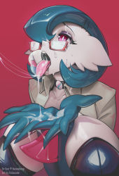  1girl after_fellatio alternate_color black_bra blue_hair bob_cut bra breasts choker creatures_(company) cum cum_bubble cum_in_mouth cum_on_hands cupping_hands dr._voir_(nanosheep) feliscede game_freak gardevoir gen_3_pokemon glasses hair_ornament hairclip hairpin highres lab_coat large_breasts makeup mega_stone nintendo open_clothes open_mouth open_shirt own_hands_together pokemon pokemon_(creature) red-framed_eyewear red_background red_eyes semi-rimless_eyewear simple_background solo tongue tongue_out underwear  rating:Explicit score:140 user:GiovanniHunter
