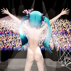  00s 1girl 3d 6+boys aqua_hair arms_up ass back crowd exhibitionism from_behind hatsune_miku highres long_hair multiple_boys nude public_indecency solo_focus spotlight standing touka1014 twintails vocaloid 