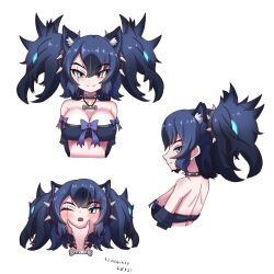  1girl absurdres animal_ears bare_shoulders big_hair black_collar black_hair blue_bow blue_eyes blue_hair blush bone_necklace bow cerberus_(helltaker) collar detached_sleeves disembodied_hand dog_ears dog_girl equalarrow glowing glowing_eyes hair_between_eyes highres kemono_friends multicolored_hair multiple_views one_eye_closed pink_bow purple_bow purple_shirt scar scar_across_eye shirt shirt_bow sidelocks sleeveless smile spiked_collar spikes strapless translation_request tube_top 