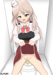 1girl absurdres blush brown_eyes clothes_lift female_focus female_pubic_hair grey_hair hat heart heart-shaped_pupils highres kantai_collection looking_at_viewer no_panties open_mouth peeing pola_(kancolle) pubic_hair pussy signature sitting skirt skirt_lift solo spread_legs symbol-shaped_pupils toilet toilet_use uncensored yarinuko rating:Explicit score:20 user:BaronArgyleSven