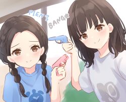  2girls aiming animification blue_shirt blush braid brown_eyes brown_hair closed_mouth commentary_request finger_on_trigger flying_sweatdrops forehead grey_shirt highres holding holding_water_gun link!_like!_love_live! long_hair looking_at_another looking_at_viewer love_live! medium_hair multiple_girls nonaka_kokona parted_bangs real_life shirt short_sleeves smile sound_effects split_mouth tsukine_kona twin_braids v-shaped_eyebrows voice_actor water_gun yutuki_ame 