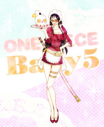  1girl baby_5 black_hair breasts character_name cigarette cleavage copyright_name large_breasts legs lipstick long_hair looking_at_viewer maid maid_headdress makeup mask one_piece silk_(polyester100) smoke smoking solo standing sword thigh_strap weapon  rating:Sensitive score:10 user:allovertheplace
