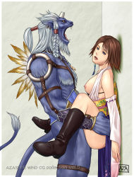00s 1girl artist_name azasuke clothed_sex final_fantasy final_fantasy_x held_up highres interspecies kimahri_ronso sex vaginal yuna rating:Explicit score:48 user:Anonymous