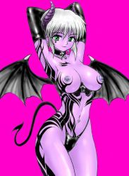  1girl armpits bat_wings breasts choker colored_skin demon_girl demon_tail earrings elbow_gloves gloves green_eyes horns jewelry large_breasts navel navel_piercing nipple_piercing nipple_rings nipples piercing purple_skin short_hair simple_background solo tail tattoo wings  rating:Explicit score:10 user:Anonymous