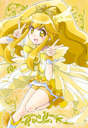  1girl :d bike_shorts blonde_hair blush boots bow choker commentary_request cure_peace cure_peace_(princess_form) double_v dress earrings hair_flaps highres jewelry kise_yayoi leg_up long_hair looking_at_viewer magical_girl open_mouth pika_pika_pikarin_jankenpon precure satogo shorts shorts_under_skirt skirt smile smile_precure! solo tiara v wide_ponytail wrist_cuffs yellow_bow yellow_choker yellow_eyes yellow_shorts yellow_skirt yellow_theme 