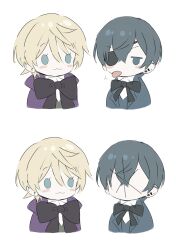  2boys :3 alois_trancy black_ribbon blonde_hair blue_eyes blue_hair blue_jacket blush_stickers cape chibi ciel_phantomhive collared_shirt commentary earrings english_commentary eyepatch highres jacket jewelry jitome kuroshitsuji looking_at_another male_focus meme mob_face multiple_boys puckered_face purple_cape ribbon shirt short_hair simple_background thour_(meme) tongue tongue_out white_background white_shirt wormy_owo 
