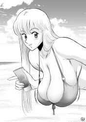  akimoto_katherine_reiko artist_name beach bikini breasts hanging_breasts jp_pocox kochikame looking_at_viewer lotion monochrome sunscreen swimsuit 