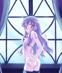 00s 1girl :o ahoge arched_back ass backlighting black_thighhighs blush cowboy_shot curly_hair curtains female_focus flat_chest from_side inato_serere indoors loli long_hair looking_at_viewer looking_back louise_francoise_le_blanc_de_la_valliere night nipples nude parted_lips pink_eyes purple_hair solo standing striped striped_blush surprised thighhighs very_long_hair wavy_hair window wrist_extended zero_no_tsukaima rating:Questionable score:133 user:danbooru