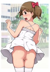 1boy ass blush brown_hair crossdressing dress exhibitionism highres long_hair looking_back male_focus no_panties open_mouth public_indecency solo tears testicles trap wataya white_dress rating:Explicit score:169 user:FabricioDias