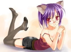  10s 1girl animal_ears ass breasts cleavage fox_(trickster) fox_ears glasses high_heels lying miniskirt mofmof_(sousa) on_stomach pencil_skirt purple_hair red_eyes shoe_dangle shoeplay shoes single_shoe skirt solo strap_slip thighhighs trickster_(ntreev_soft)  rating:Sensitive score:16 user:danbooru