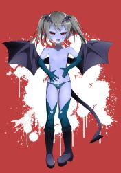  1girl 8442keitai bad_anatomy bad_proportions bat_wings black_sclera blue_skin boots colored_sclera colored_skin demon_girl devil_(monster_girl_encyclopedia) elbow_gloves fangs female_focus flat_chest gloves grey_hair groin head_wings highres loli long_hair monster_girl monster_girl_encyclopedia monster_girl_encyclopedia_ii navel nipples open_mouth original panties pointy_ears poorly_drawn red_background red_eyes short_hair smile solo tail thighhighs tongue topless twintails underwear whether wings 