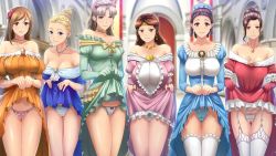6+girls bare_shoulders blonde_hair blue_dress blue_eyes blue_panties bow bow_panties breasts brooch brown_eyes brown_hair cameltoe circlet cleavage closed_mouth clothes_lift collarbone dress dress_lift drill_hair earrings eyelashes female_focus folded_ponytail frilled_dress frilled_legwear frilled_panties frills game_cg garter_straps gloves green_dress half-closed_eyes huge_breasts huracan hypnosis indoors jewelry kyonyuu_princess_saimin large_breasts legs_together lifting_own_clothes lineup long_hair long_sleeves lune_(company) mind_control multiple_girls neck_ring necklace panties purple_eyes purple_hair red_dress red_eyes shiny_skin short_sleeves standing thigh_gap thighhighs thighs thong underwear white_legwear white_panties yellow_dress yellow_eyes rating:Explicit score:133 user:MysteryJ1