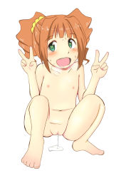  10s 1girl bandai_namco barefoot cum cum_in_pussy cumdrip double_v feet female_focus flat_chest full_body hair_ornament heart heart-shaped_pupils heavy_breathing idolmaster idolmaster_(classic) idolmaster_cinderella_girls loli looking_at_viewer mucchiri navel nipples nude orange_hair pussy scrunchie simple_background solo squatting sweat symbol-shaped_pupils takatsuki_yayoi twintails uncensored v white_background 