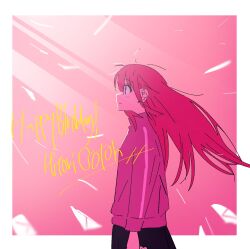  1girl bad_id bad_twitter_id blue_eyes bocchi_the_rock! border character_name closed_mouth cowboy_shot gotoh_hitori happy_birthday highres inactive_account jacket kerorira long_hair long_sleeves looking_ahead outside_border pink_background pink_hair profile smile solo standing track_jacket white_border wind 