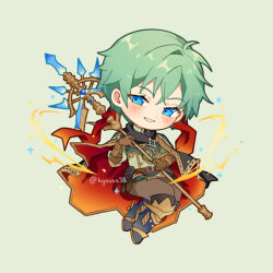  1boy aqua_eyes blush brown_gloves cape chibi ephraim_(fire_emblem) fire_emblem fire_emblem:_the_sacred_stones fire_emblem_heroes gloves green_hair holding holding_polearm holding_weapon kyousa38 long_sleeves looking_at_viewer male_focus nintendo official_alternate_costume polearm short_hair smile solo twitter_username weapon 