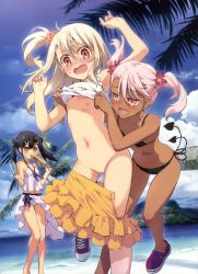 3girls :3 :d ^^^ armpits assisted_exposure bare_legs bare_shoulders beach bikini bikini_skirt black_bikini black_hair blush breasts camisole chloe_von_einzbern cleft_of_venus clothes_lift cloud collarbone corn dark-skinned_female dark_skin demon_tail double_bun fate/kaleid_liner_prisma_illya fate/stay_night fate_(series) female_focus flat_chest flower food food_in_mouth frilled_bikini frills hair_bun hair_flower hair_ornament hairclip highres hip_focus hiroyama_hiroshi illyasviel_von_einzbern legs loli midriff miniskirt miyu_edelfelt multiple_girls navel nipples no_panties no_socks nude_filter one_side_up open_mouth outdoors palm_tree pink_bikini polka_dot polka_dot_bikini polka_dot_swimsuit popsicle pussy red_eyes sarong scrunchie shirt_lift shoes side-tie_bikini_bottom skirt sky small_breasts smile sneakers standing surprised sweat swimsuit tail thighs third-party_edit tree twintails uncensored water wavy_mouth rating:Explicit score:367 user:IO5